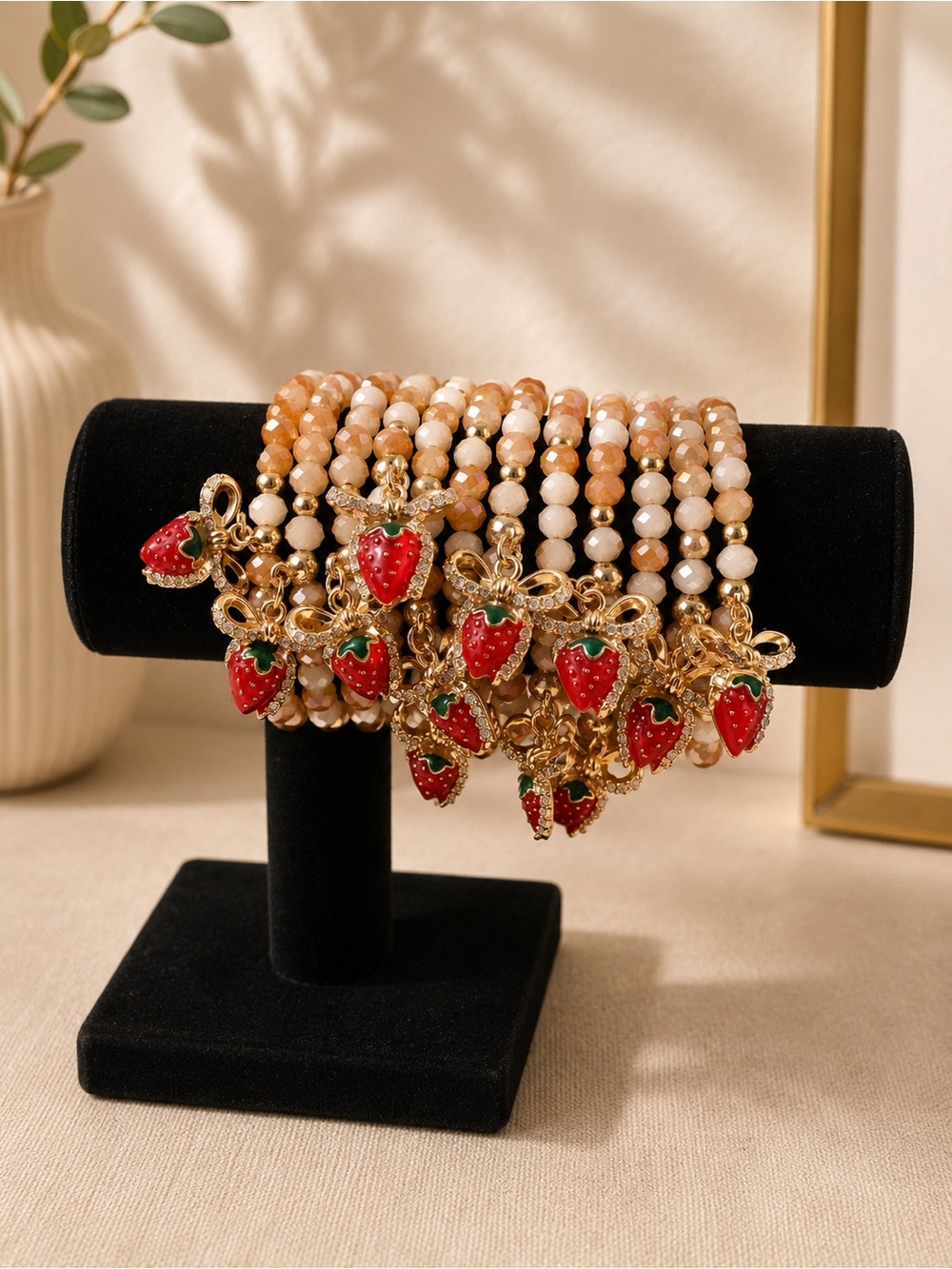 Set of 12 - Gold Beaded Strawberry Charm Bracelet - Women Jewelry